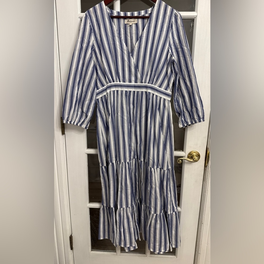MADEWELL Women's Blue & White Striped Long Sleeve V-Neck Cotton Dress Size 10
